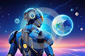 A robot from another galaxy looks at a planet in space. New technologies, artificial intelligence