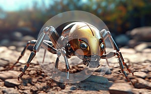 Robot ant on ground. Fantasy, Minimal, Clean, 3D Render, Surrealistic, Photographic Style, illustration, Close Up. Created with