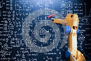 Robot arm AI analyzing mathematics for mechanized industry problem solving