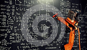 Robot arm AI analyzing mathematics for mechanized industry problem solving