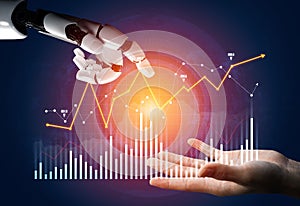 Robot Arm Reaching to Human Hand with Data Visualization in Background Representing Technology and Collaboration in
