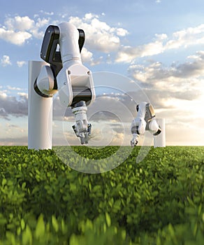 Robot arm farming crops 3d render