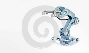 Robot arm with hand grip for manufacturing industrial plant on isolated white background. Technology and Futuristic concept.