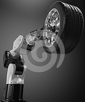 Robot arm holding a car wheel 3d render