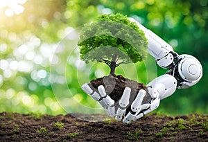 Robot arm holding earth on green tree background,Environment concept.