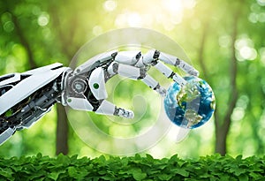 Robot arm holding earth on green tree background,Environment concept.