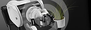 Robot arm holding a plant 3d render