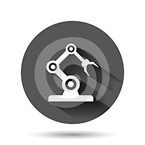 Robot arm icon in flat style. Mechanic manipulator vector illustration on black round background with long shadow effect. Machine