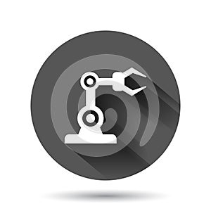 Robot arm icon in flat style. Mechanic manipulator vector illustration on black round background with long shadow effect. Machine