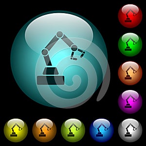 Robot arm icons in color illuminated glass buttons