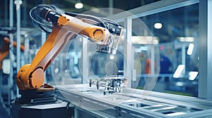 Robot arm inside a bright electronics factory, utilizing printing technology