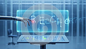 Robot arm interacting with holographic interface displaying 