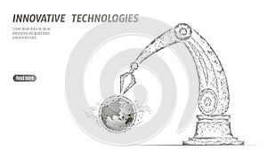 Robot arm low poly manipulator. Earth ecology construct assembly triangle shape. Polygonal connected dots 3D render