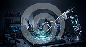 Robot arm manipulates molecular data in a dark lab