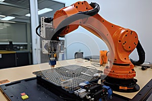 robot arm manipulates tool to repair or modify mechanical device