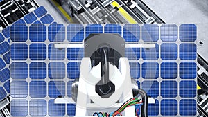 Robot arm placing PV cells on assembly lines, 3D rendering