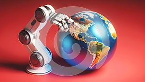 Robot Arm Ponting at the North American Continent on a Globe on Red Background. Concept Technology's Global
