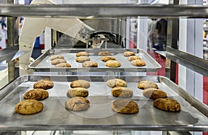 Robot arm preparing cookies for the oven in production line factory