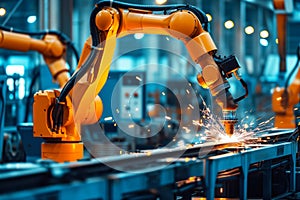 Robot arm is seen at work on welding production line in modern steel fabrication facility