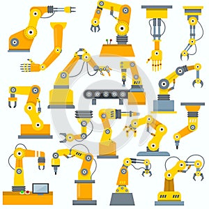 Robot arm vector robotic machine hand indusrial equipment in manufacture illustration set of engineer character of