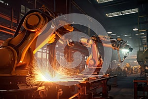 Robot arm welds structures in a modern production facility with Ai Generated photo