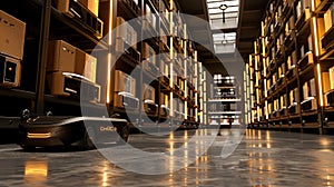 A robot arm working alongside an electric cargo bot as it delivers boxes in the style of modern warehouse creating more