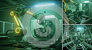 robotic arm assembling a circuit board in a high-tech factory, showcasing automation and precision in electronics manufacturing