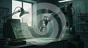 Robot arm in workshop control panel industrial automation dark setting