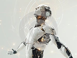 A robot in armour with outstretched arms against white background