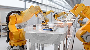 Robot arms are assembling circuit boards on a production line or conveyor in a modern factory