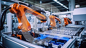 Robot Arms on Automated EV Battery Components Production Line. Electric Car Battery Pack Manufacturing Process. Conveyor