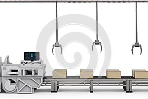 Robot arms with boxes on conveyor in factory