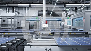 Robot arms in cutting edge solar panel factory handling photovoltaics, 3D render