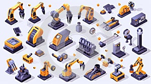 Robot arms, factory machines, hydraulic robotic hands, industrial mechanic equipment, assembly line manufacturing