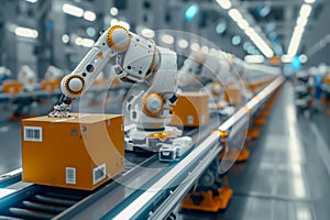 Robot arms in a warehouse preparing boxes for delivery on a conveyor belt.