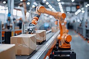 Robot arms in a warehouse preparing boxes for delivery on a conveyor belt.