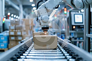 Robot arms in a warehouse preparing boxes for delivery on a conveyor belt.