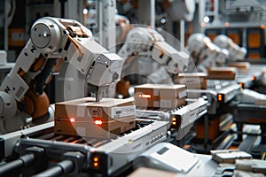 Robot arms in a warehouse preparing boxes for delivery on a conveyor belt.