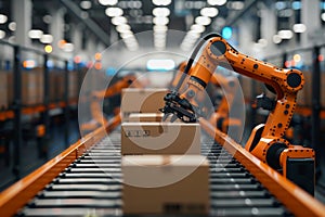 Robot arms in a warehouse preparing boxes for delivery on a conveyor belt.