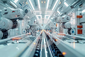 Robot arms in a warehouse preparing boxes for delivery on a conveyor belt.