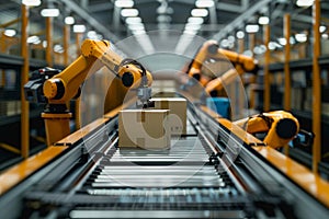 Robot arms in a warehouse preparing boxes for delivery on a conveyor belt.