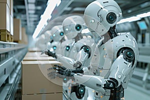 Robot arms in a warehouse preparing boxes for delivery on a conveyor belt.