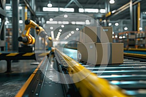 Robot arms in a warehouse preparing boxes for delivery on a conveyor belt.