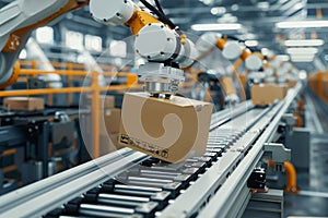 Robot arms in a warehouse preparing boxes for delivery on a conveyor belt.