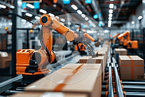 Robot arms in a warehouse preparing boxes for delivery on a conveyor belt.