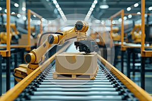 Robot arms in a warehouse preparing boxes for delivery on a conveyor belt.