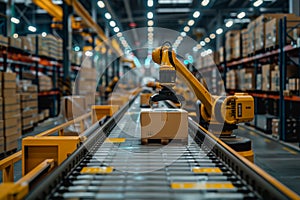 Robot arms in a warehouse preparing boxes for delivery on a conveyor belt.