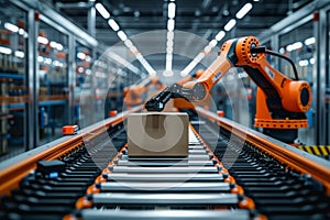 Robot arms in a warehouse preparing boxes for delivery on a conveyor belt.