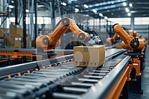 Robot arms in a warehouse preparing boxes for delivery on a conveyor belt.