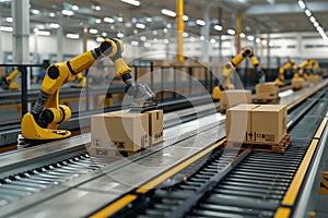 Robot arms in a warehouse preparing boxes for delivery on a conveyor belt.